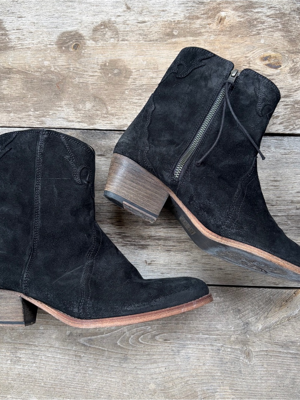 Free People Black Suede Ankle Boots with Wood Stacked Heel